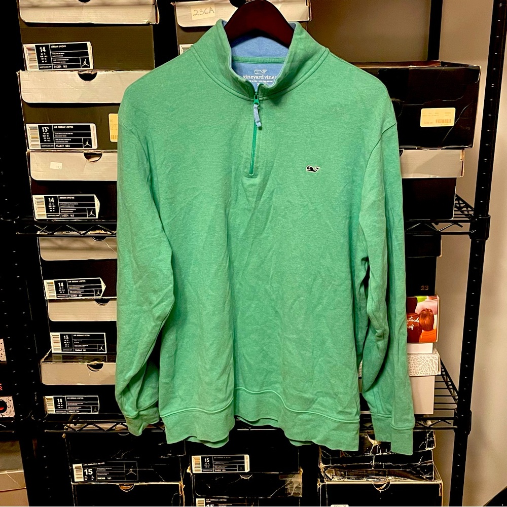 Vineyard Vines Men's Sweater XL Green Cotton Quarter-Zip Mock Neck Long Sleeve